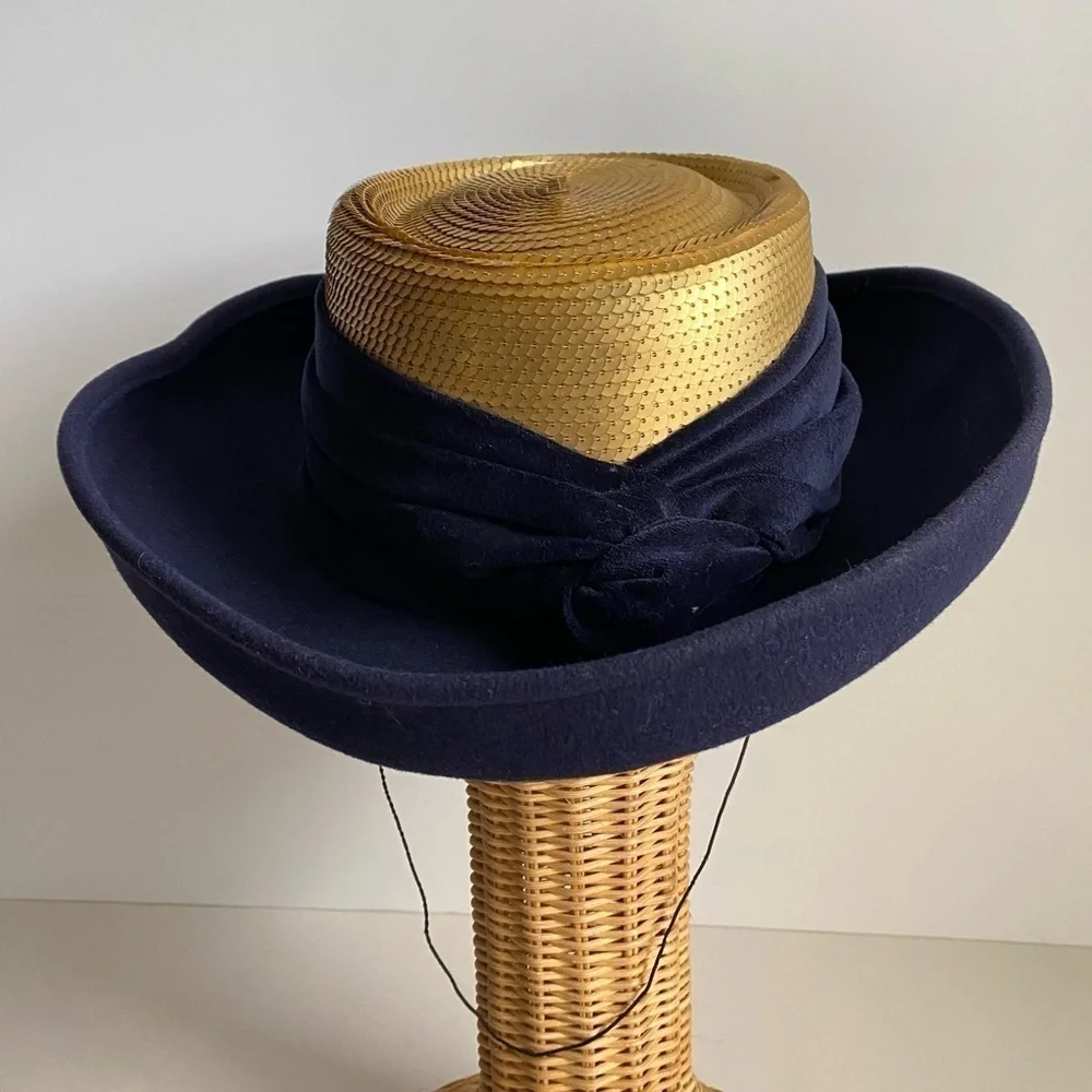 Vintage‎ 90s Whittall & Shon Wool Sequin Hat Navy Blue Gold Wide Brim - Picture 3 of 14